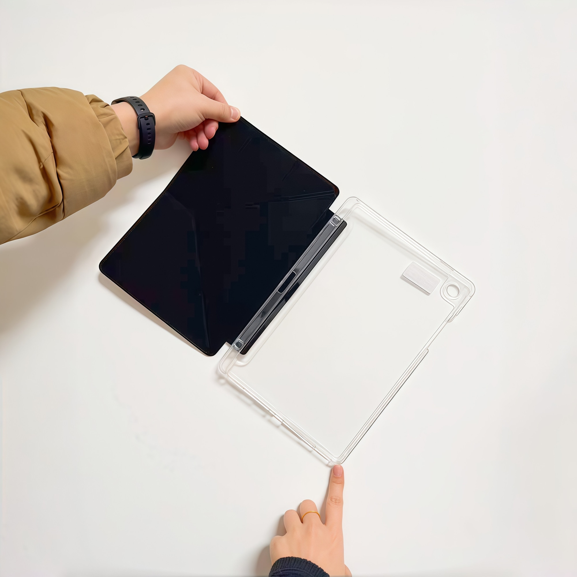 Husa Smart Cover pentru Samsung Galaxy Tab A9+ 11 inch, Stand Pliabil tip Y (Origami), Spate Transparent, Slot pentru Pen, Functie Auto Sleep/Wake, Anti-soc, Negru