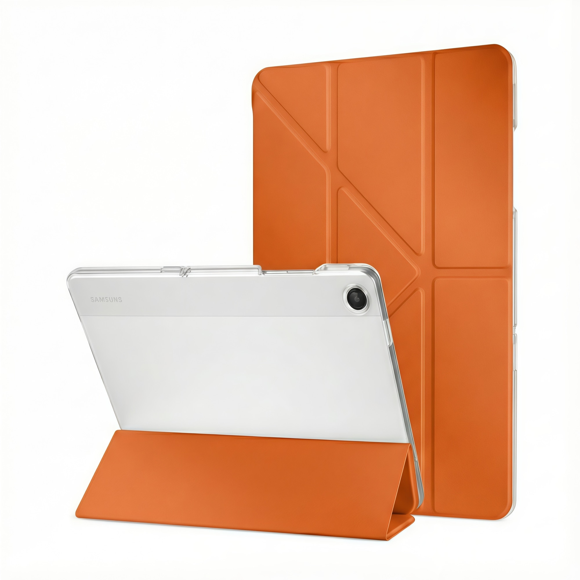 Husa Smart Cover pentru Samsung Galaxy Tab A9+ 11 inch, Stand Pliabil tip Y (Origami), Spate Transparent, Slot pentru Pen, Functie Auto Sleep/Wake, Anti-soc, Portocaliu