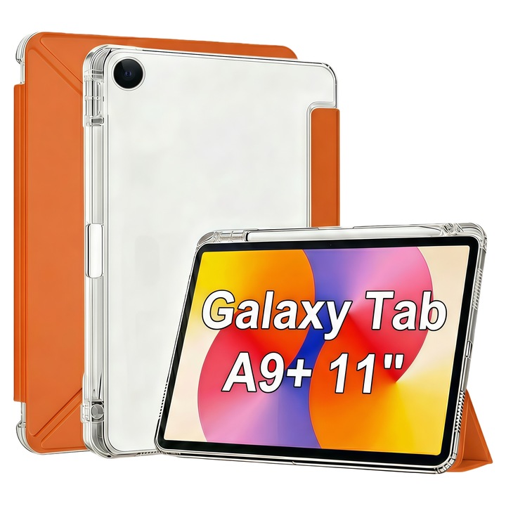 Husa Smart Cover pentru Samsung Galaxy Tab A9+ 11 inch, Stand Pliabil tip Y (Origami), Spate Transparent, Slot pentru Pen, Functie Auto Sleep/Wake, Anti-soc, Portocaliu