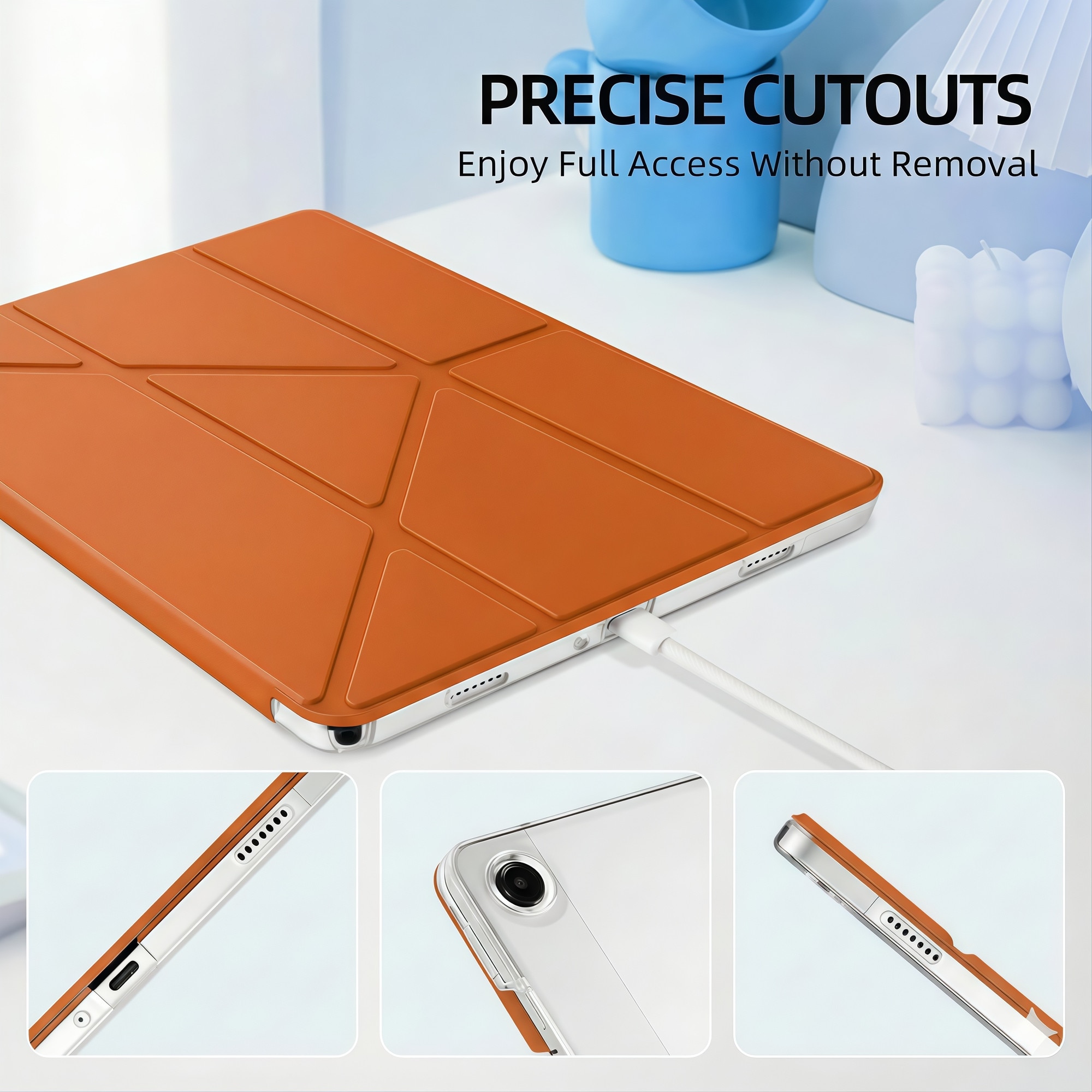 Husa Smart Cover pentru Samsung Galaxy Tab A9+ 11 inch, Stand Pliabil tip Y (Origami), Spate Transparent, Slot pentru Pen, Functie Auto Sleep/Wake, Anti-soc, Portocaliu