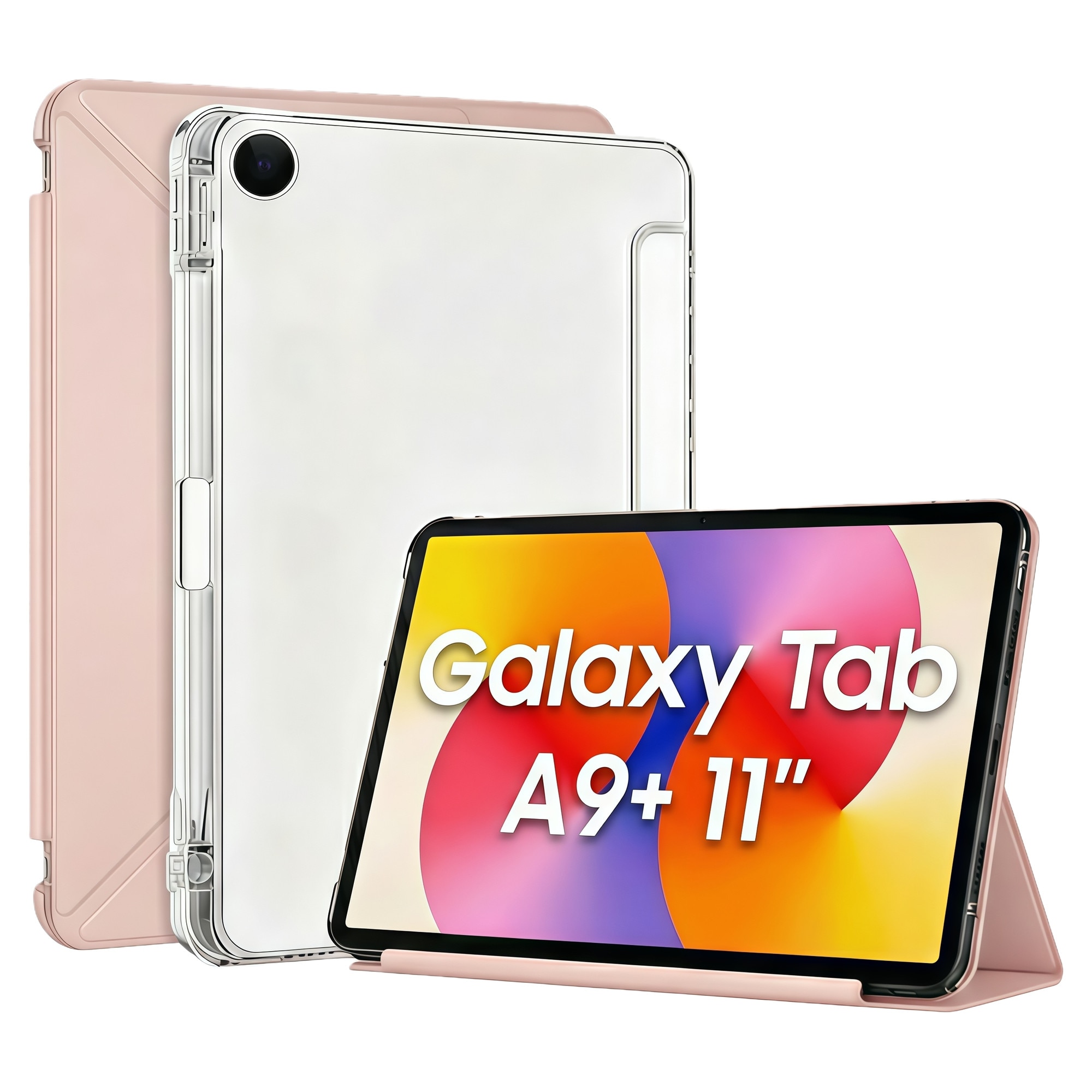 Husa Smart Cover pentru Samsung Galaxy Tab A9+ 11 inch, Stand Pliabil tip Y (Origami), Spate Transparent, Slot pentru Pen, Functie Auto Sleep/Wake, Anti-soc, Roz