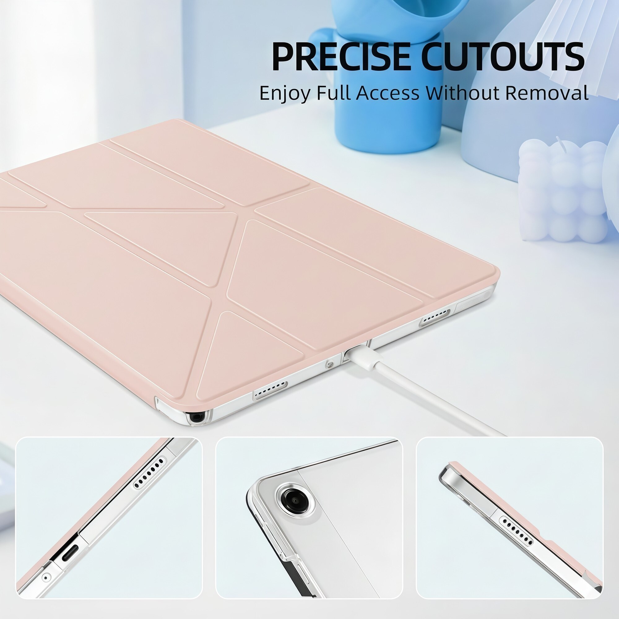 Husa Smart Cover pentru Samsung Galaxy Tab A9+ 11 inch, Stand Pliabil tip Y (Origami), Spate Transparent, Slot pentru Pen, Functie Auto Sleep/Wake, Anti-soc, Roz