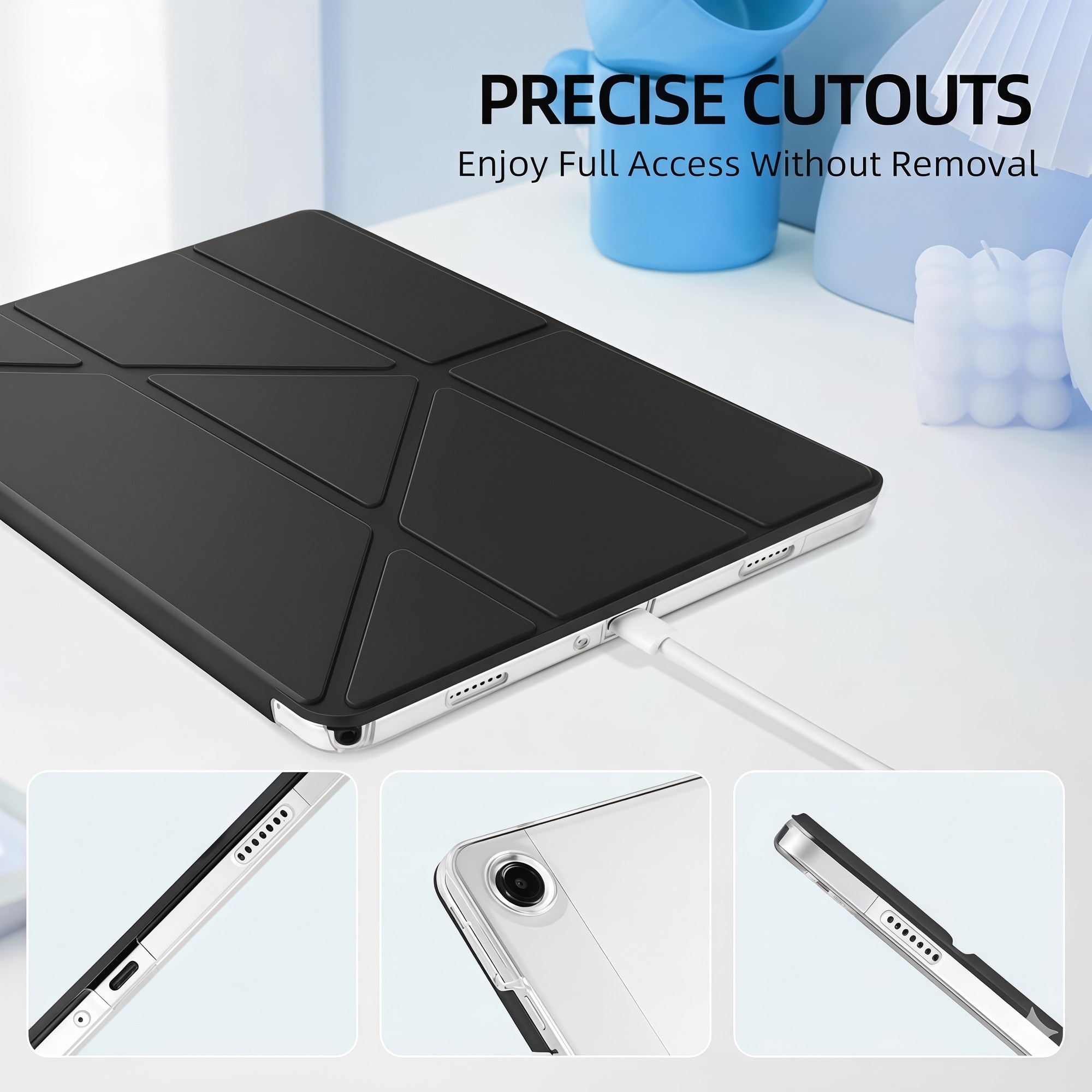 Husa Smart Cover pentru Samsung Galaxy Tab A9+ 11 inch, Stand Pliabil tip Y (Origami), Spate Transparent, Slot pentru Pen, Functie Auto Sleep/Wake, Anti-soc, Negru