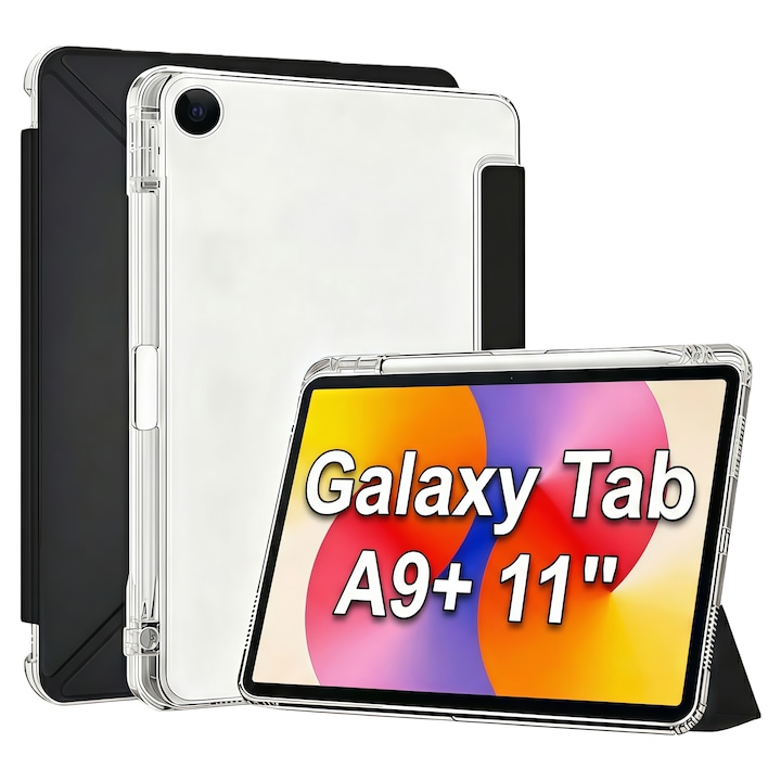 Husa Smart Cover pentru Samsung Galaxy Tab A9+ 11 inch, Stand Pliabil tip Y (Origami), Spate Transparent, Slot pentru Pen, Functie Auto Sleep/Wake, Anti-soc, Negru