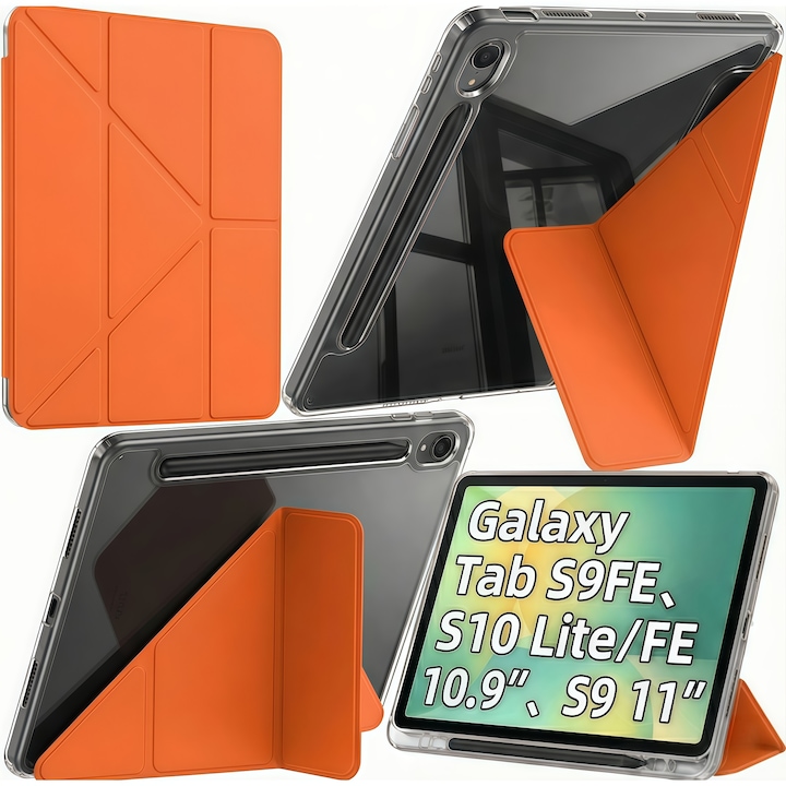 Husa Smart Cover pentru Samsung Galaxy Tab S10 Lite / S10 FE / S9 FE 10.9" / S9 11", Stand Pliabil tip Y (Origami), Spate Transparent, Slot pentru Pen, Functie Auto Sleep/Wake, Anti-soc, Portocaliu