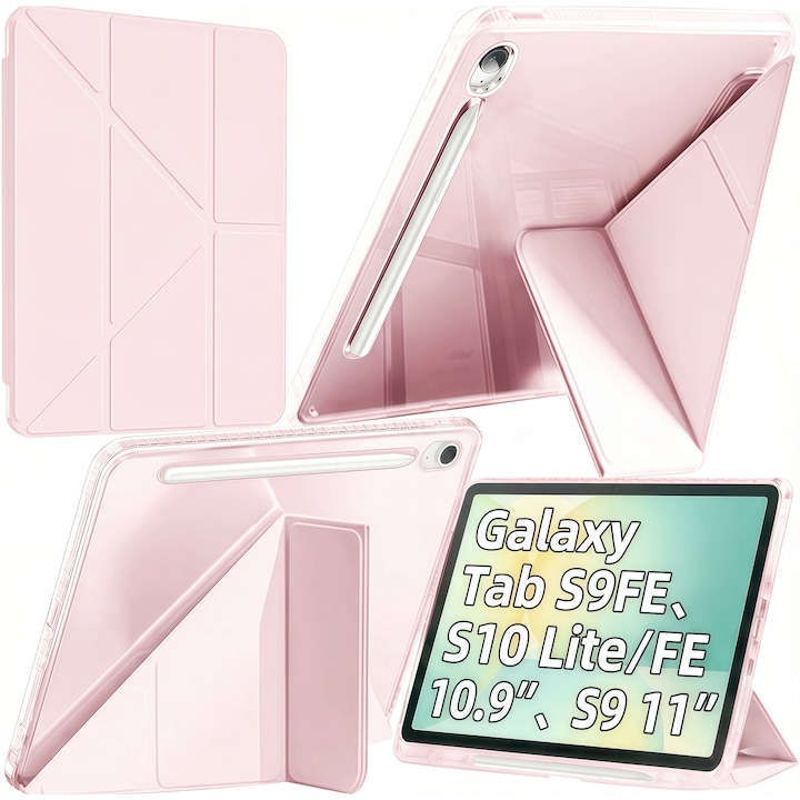 Husa Smart Cover pentru Samsung Galaxy Tab S10 Lite / S10 FE / S9 FE 10.9" / S9 11", Stand Pliabil tip Y (Origami), Spate Transparent, Slot pentru Pen, Functie Auto Sleep/Wake, Anti-soc, Roz