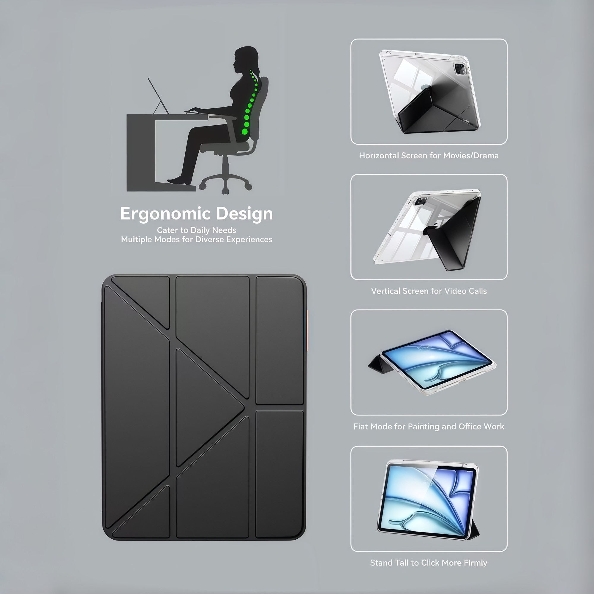 Husa Smart Cover pentru iPad Air 13" (M3 / M2) / Pro 12.9" (Gen 3-6), cu 2 Rame Camera Interschimbabile, Stand Pliabil tip Y (Origami), Spate Transparent, Slot Pen, Negru