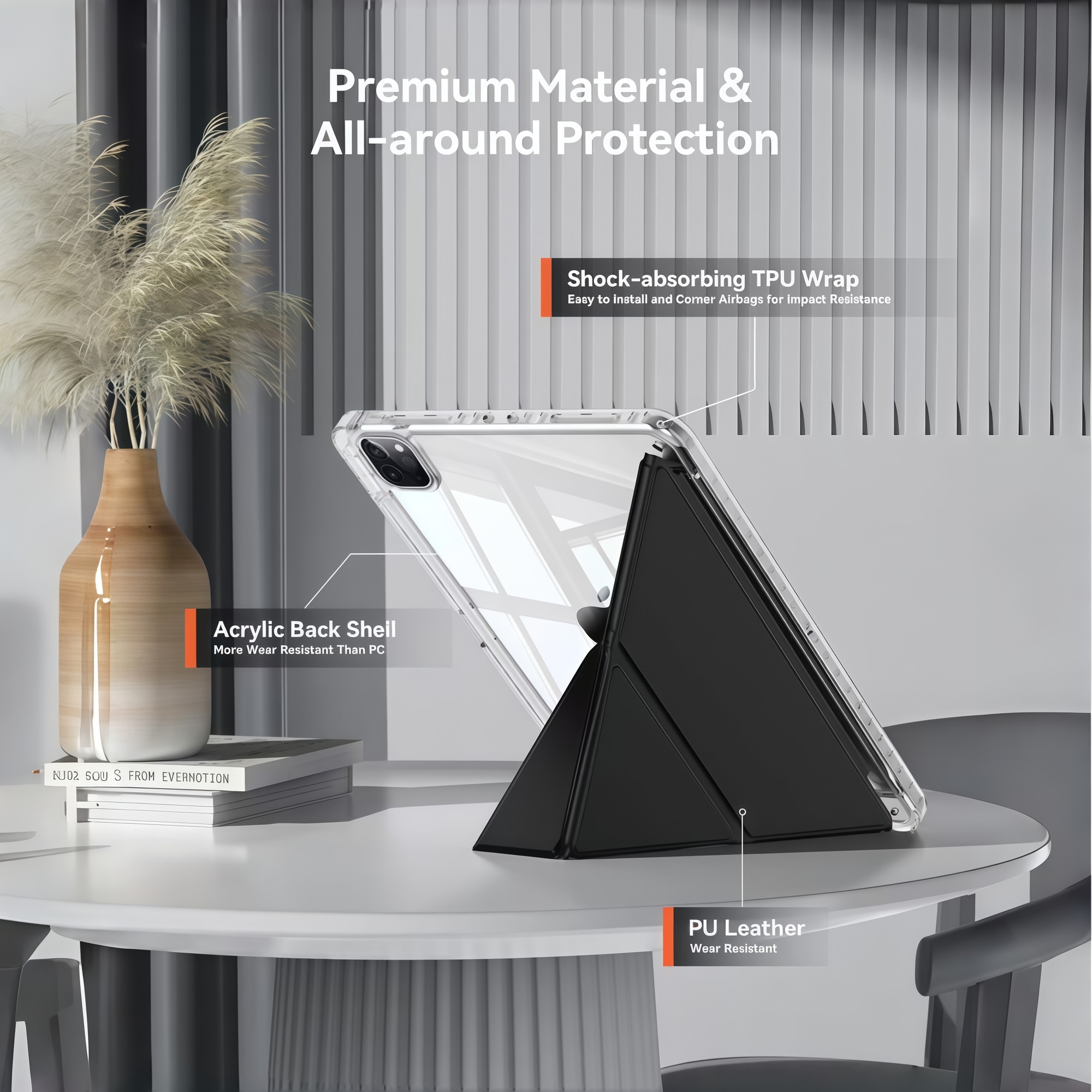 Husa Smart Cover pentru iPad Air 13" (M3 / M2) / Pro 12.9" (Gen 3-6), cu 2 Rame Camera Interschimbabile, Stand Pliabil tip Y (Origami), Spate Transparent, Slot Pen, Negru