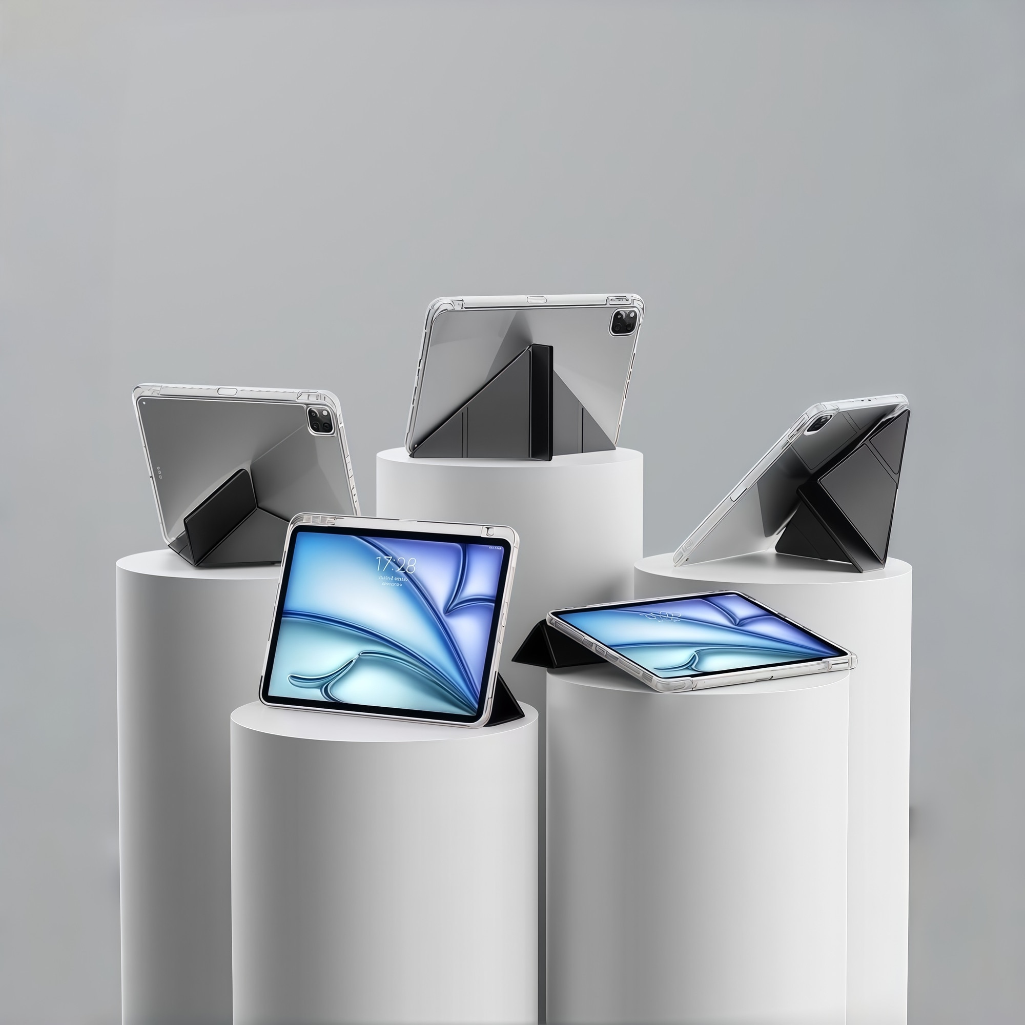 Husa Smart Cover pentru iPad Air 13" (M3 / M2) / Pro 12.9" (Gen 3-6), cu 2 Rame Camera Interschimbabile, Stand Pliabil tip Y (Origami), Spate Transparent, Slot Pen, Negru