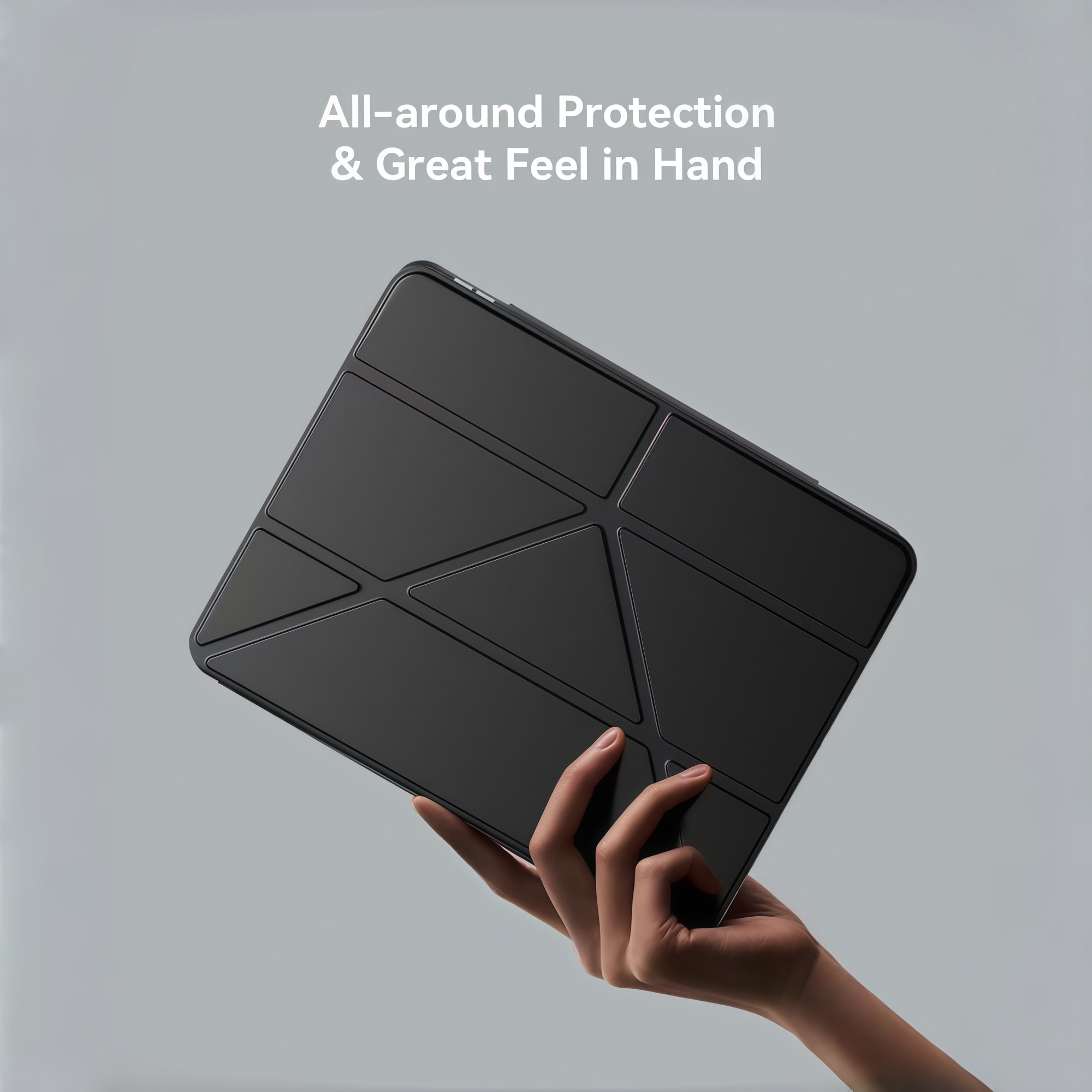 Husa Smart Cover pentru iPad Air 13" (M3 / M2) / Pro 12.9" (Gen 3-6), cu 2 Rame Camera Interschimbabile, Stand Pliabil tip Y (Origami), Spate Transparent, Slot Pen, Negru