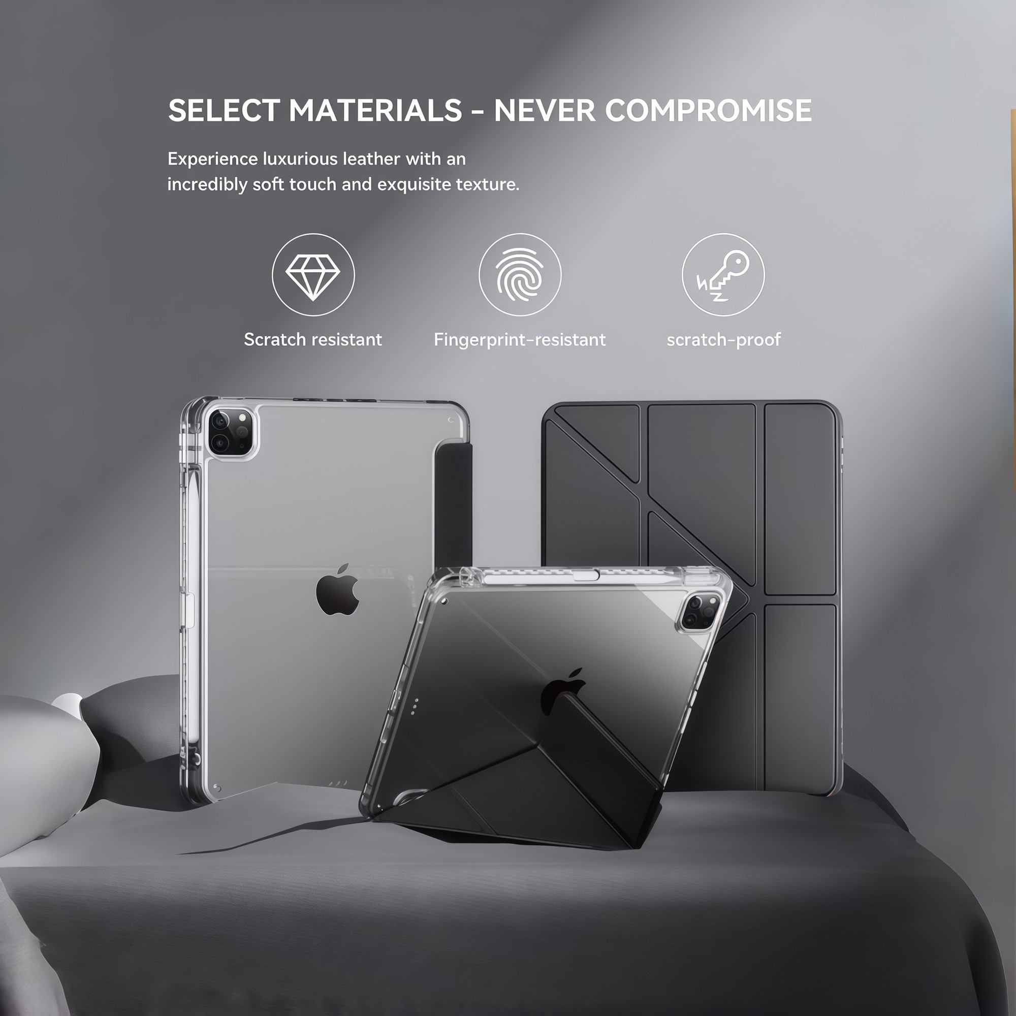 Husa Smart Cover pentru iPad Air 13" (M3 / M2) / Pro 12.9" (Gen 3-6), cu 2 Rame Camera Interschimbabile, Stand Pliabil tip Y (Origami), Spate Transparent, Slot Pen, Negru