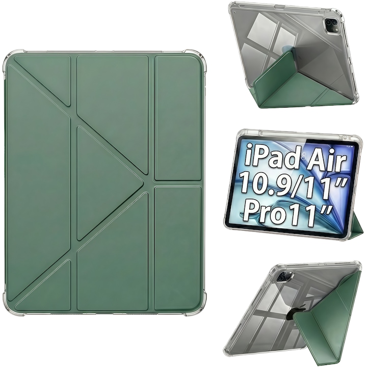 Смарт калъф Husa за iPad Air 11" (M3 / M2) / Air 10.9" (Gen 4/5) / Pro 11" (Gen 1-4), с 2 сменяеми рамки за камера, сгъваема стойка тип Y (оригами), прозрачен гръб, слот за писалка, тъмнозелен