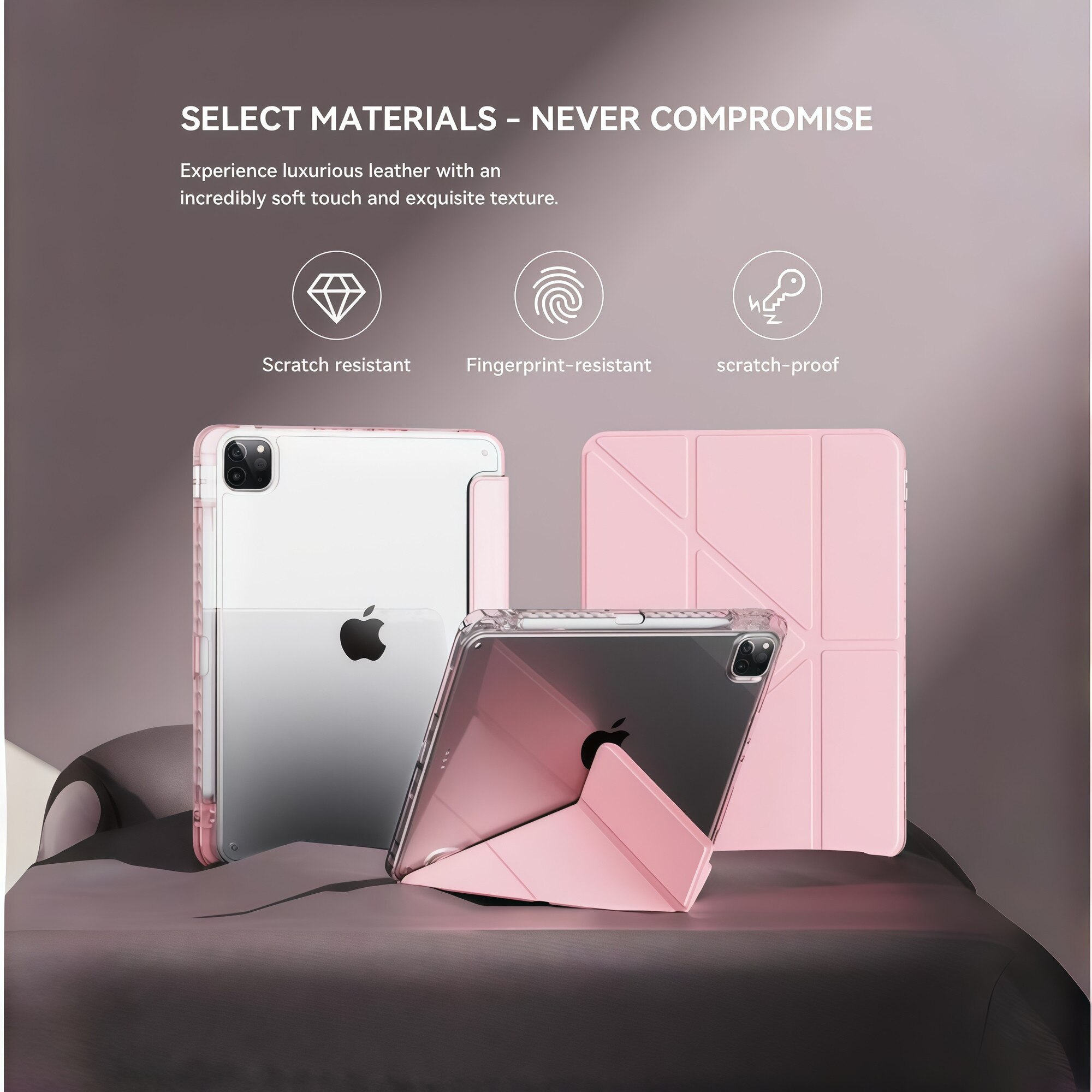 Husa Smart Cover pentru iPad Air 13" (M3 / M2) / Pro 12.9" (Gen 3-6), cu 2 Rame Camera Interschimbabile, Stand Pliabil tip Y (Origami), Spate Transparent, Slot Pen, Roz