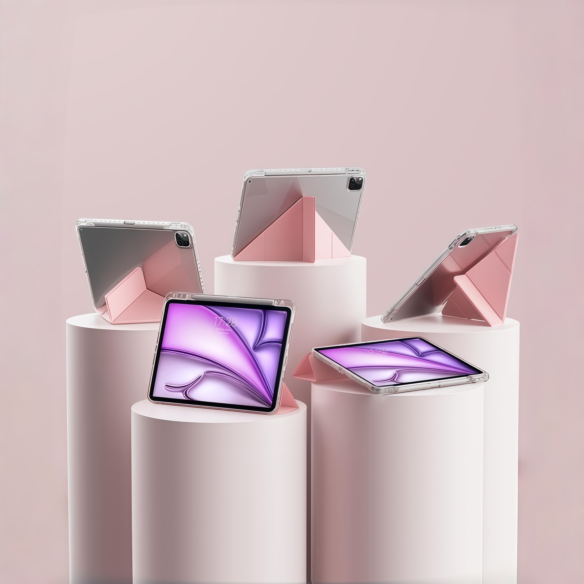 Husa Smart Cover pentru iPad Air 13" (M3 / M2) / Pro 12.9" (Gen 3-6), cu 2 Rame Camera Interschimbabile, Stand Pliabil tip Y (Origami), Spate Transparent, Slot Pen, Roz
