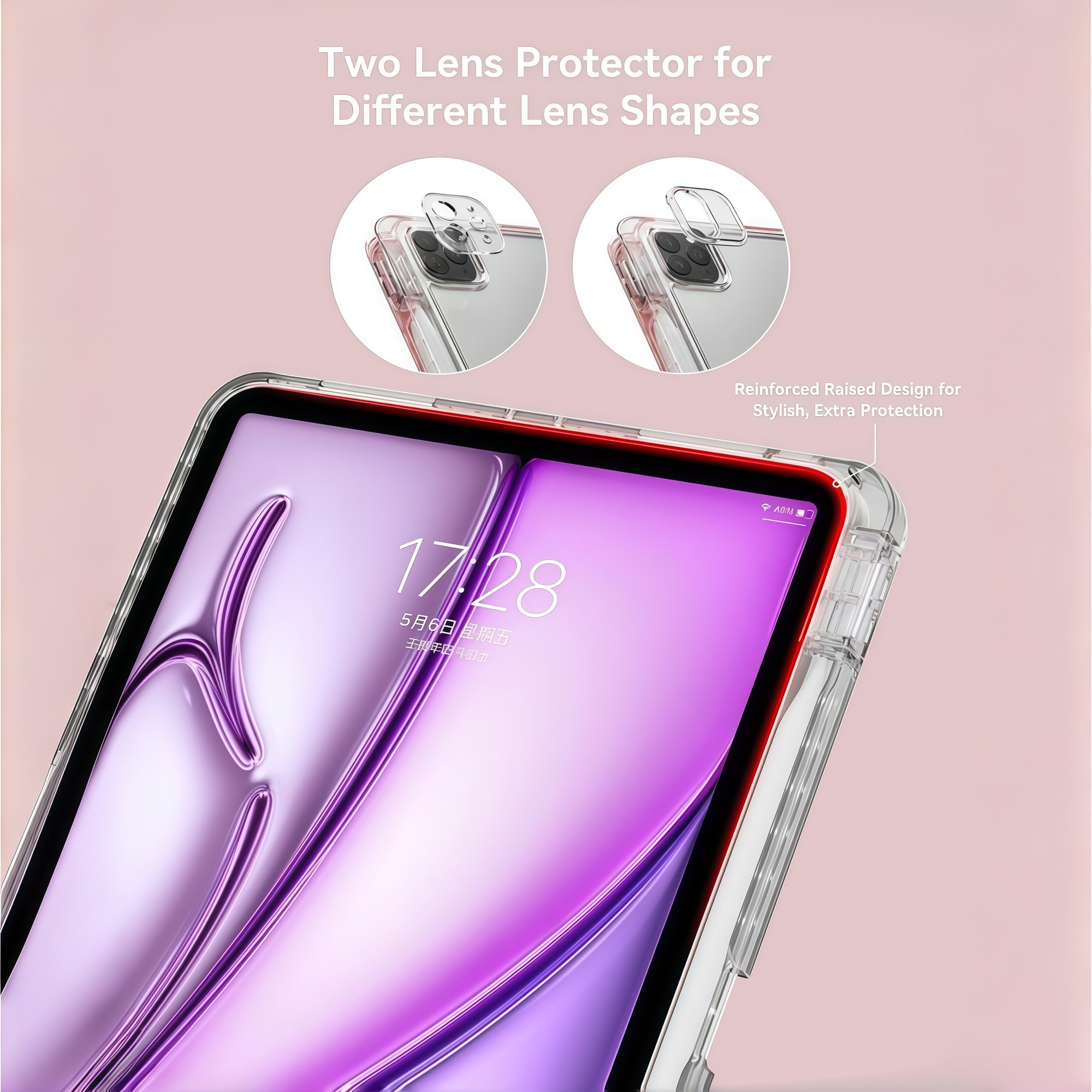 Husa Smart Cover pentru iPad Air 13" (M3 / M2) / Pro 12.9" (Gen 3-6), cu 2 Rame Camera Interschimbabile, Stand Pliabil tip Y (Origami), Spate Transparent, Slot Pen, Roz