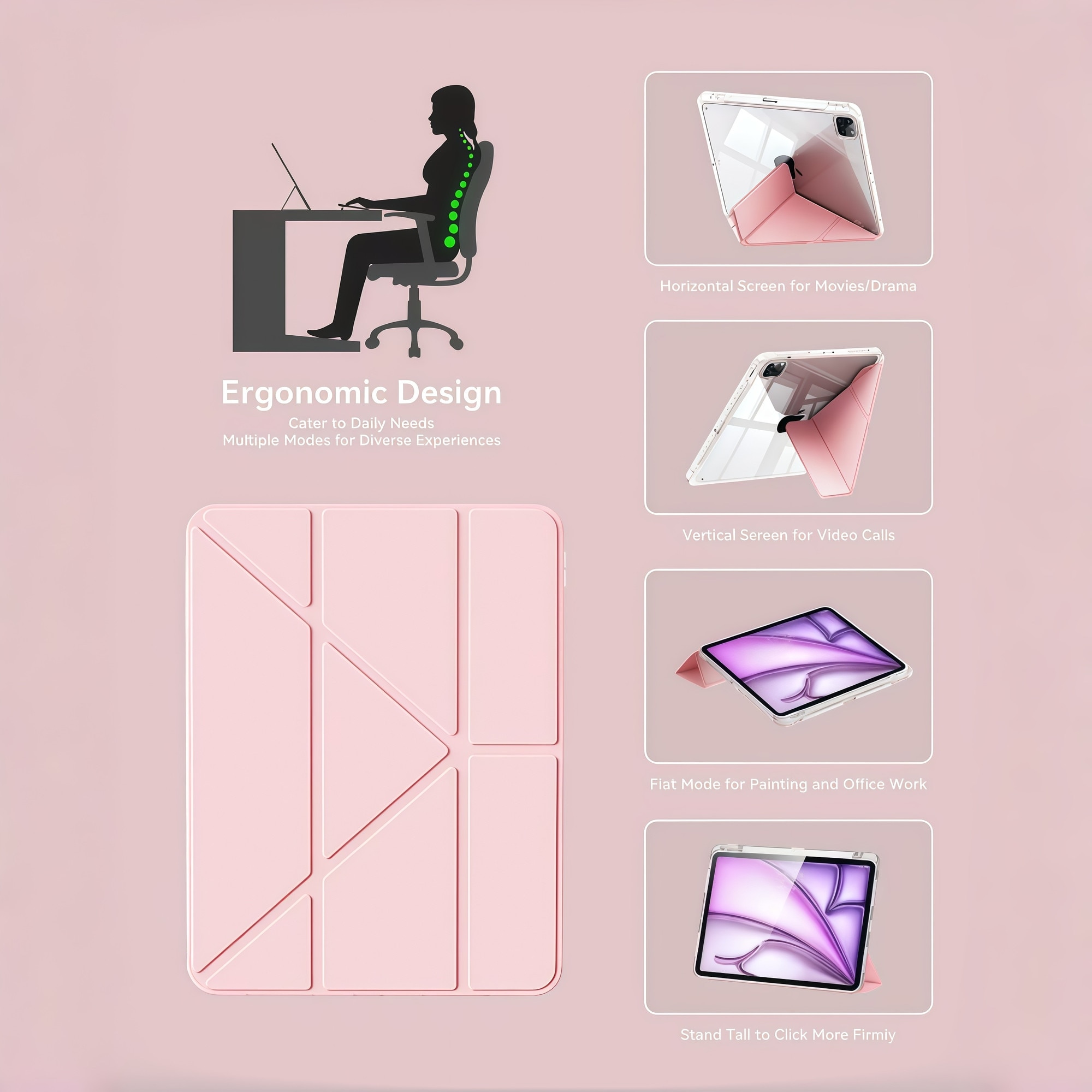 Husa Smart Cover pentru iPad Air 13" (M3 / M2) / Pro 12.9" (Gen 3-6), cu 2 Rame Camera Interschimbabile, Stand Pliabil tip Y (Origami), Spate Transparent, Slot Pen, Roz