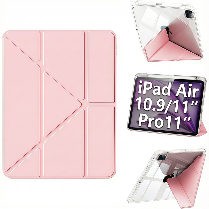 Smart Cover tok iPad Air 11" (M3 / M2) / Air 10.9" (4/5. generáció) / Pro 11" (1-4. generáció) készülékhez, 2 cserélhető kamera kerettel, Y típusú (origami) összecsukható állvánnyal, átlátszó hátlappal, tolltartóval, rózsaszín