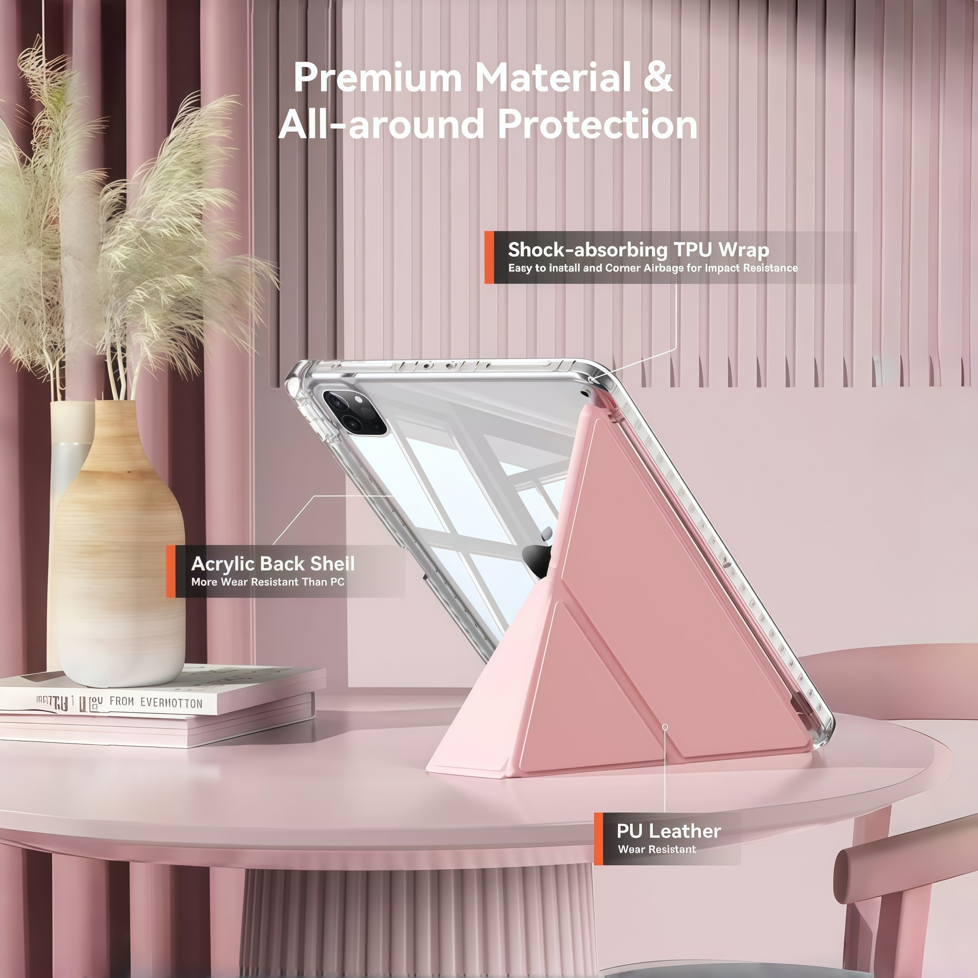 Husa Smart Cover pentru iPad Air 13" (M3 / M2) / Pro 12.9" (Gen 3-6), cu 2 Rame Camera Interschimbabile, Stand Pliabil tip Y (Origami), Spate Transparent, Slot Pen, Roz