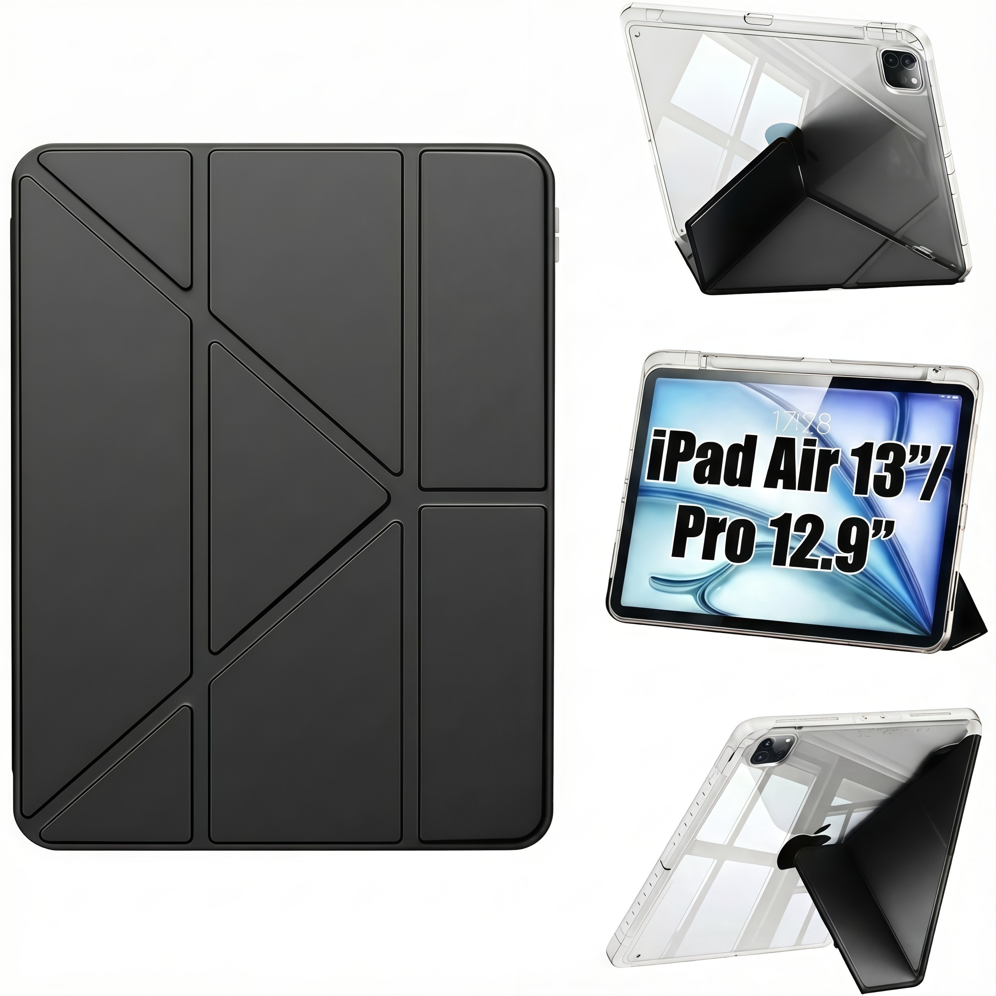 Husa Smart Cover pentru iPad Air 13" (M3 / M2) / Pro 12.9" (Gen 3-6), cu 2 Rame Camera Interschimbabile, Stand Pliabil tip Y (Origami), Spate Transparent, Slot Pen, Negru