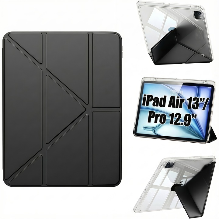 Smart Cover tok iPad Air 13" (M3 / M2) / Pro 12.9" (3-6. generáció), 2 cserélhető kamerakerettel, Y-típusú (Origami) összecsukható állvánnyal, átlátszó hátlappal, tolltartóval, fekete