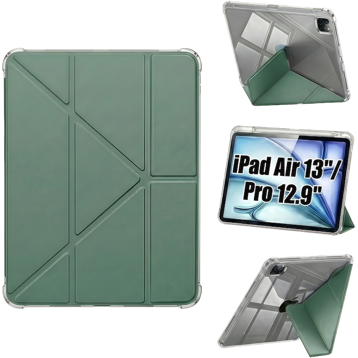 Husa Smart Cover pentru iPad Air 13" (M3 / M2) / Pro 12.9" (Gen 3-6), cu 2 Rame Camera Interschimbabile, Stand Pliabil tip Y (Origami), Spate Transparent, Slot Pen, Verde Inchis