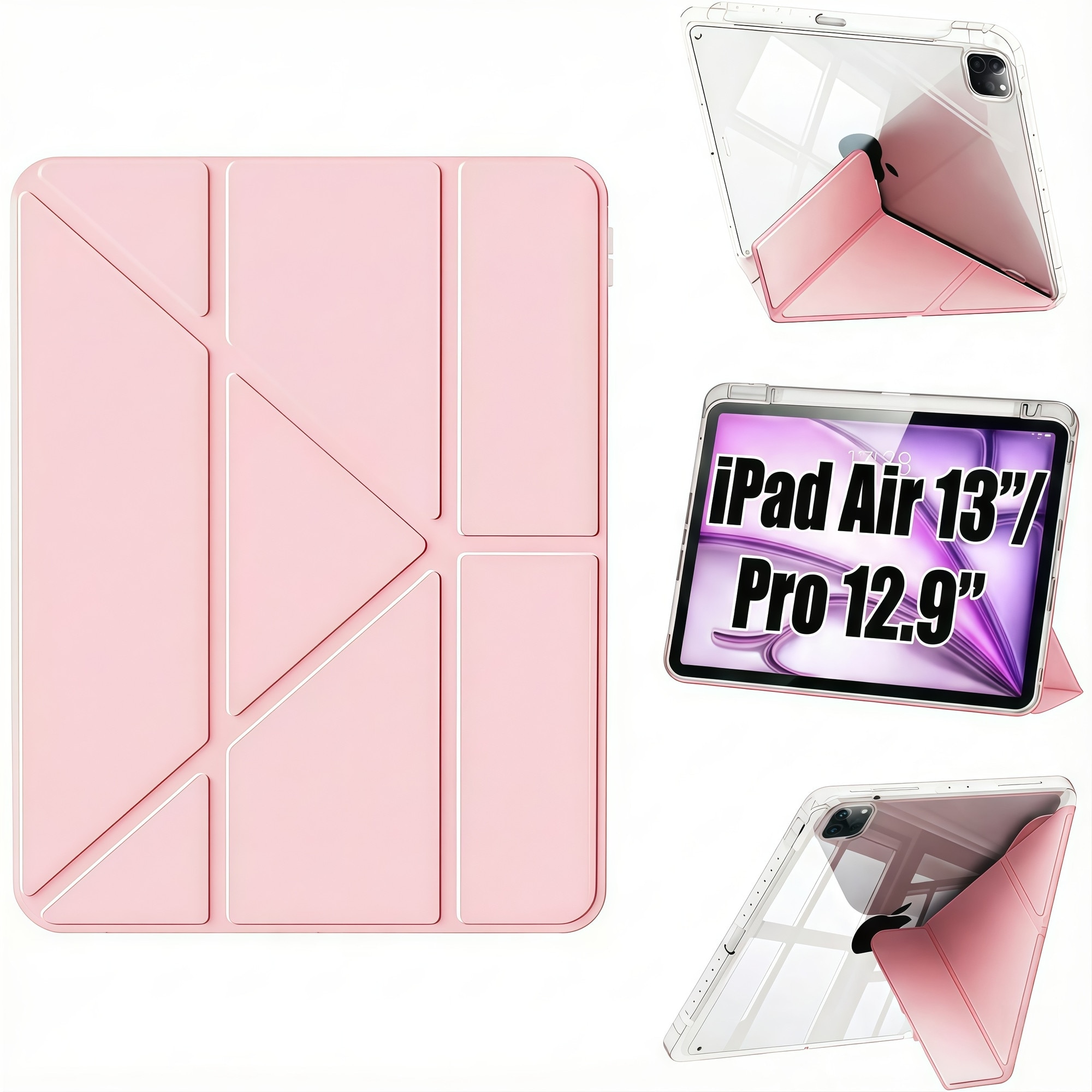 Husa Smart Cover pentru iPad Air 13" (M3 / M2) / Pro 12.9" (Gen 3-6), cu 2 Rame Camera Interschimbabile, Stand Pliabil tip Y (Origami), Spate Transparent, Slot Pen, Roz