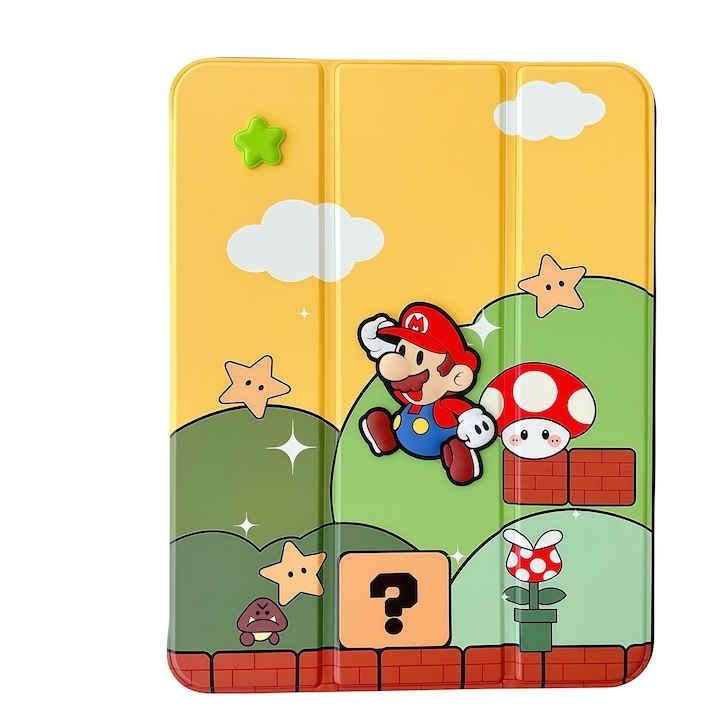 Smart Cover tok iPad 10 10.9" (2022) / iPad 11 11" (2025) készülékhez, Super Mario 3D design dombornyomott figurával, összecsukható állvány, tolltartó nyílás, ütésálló védelem, sárga