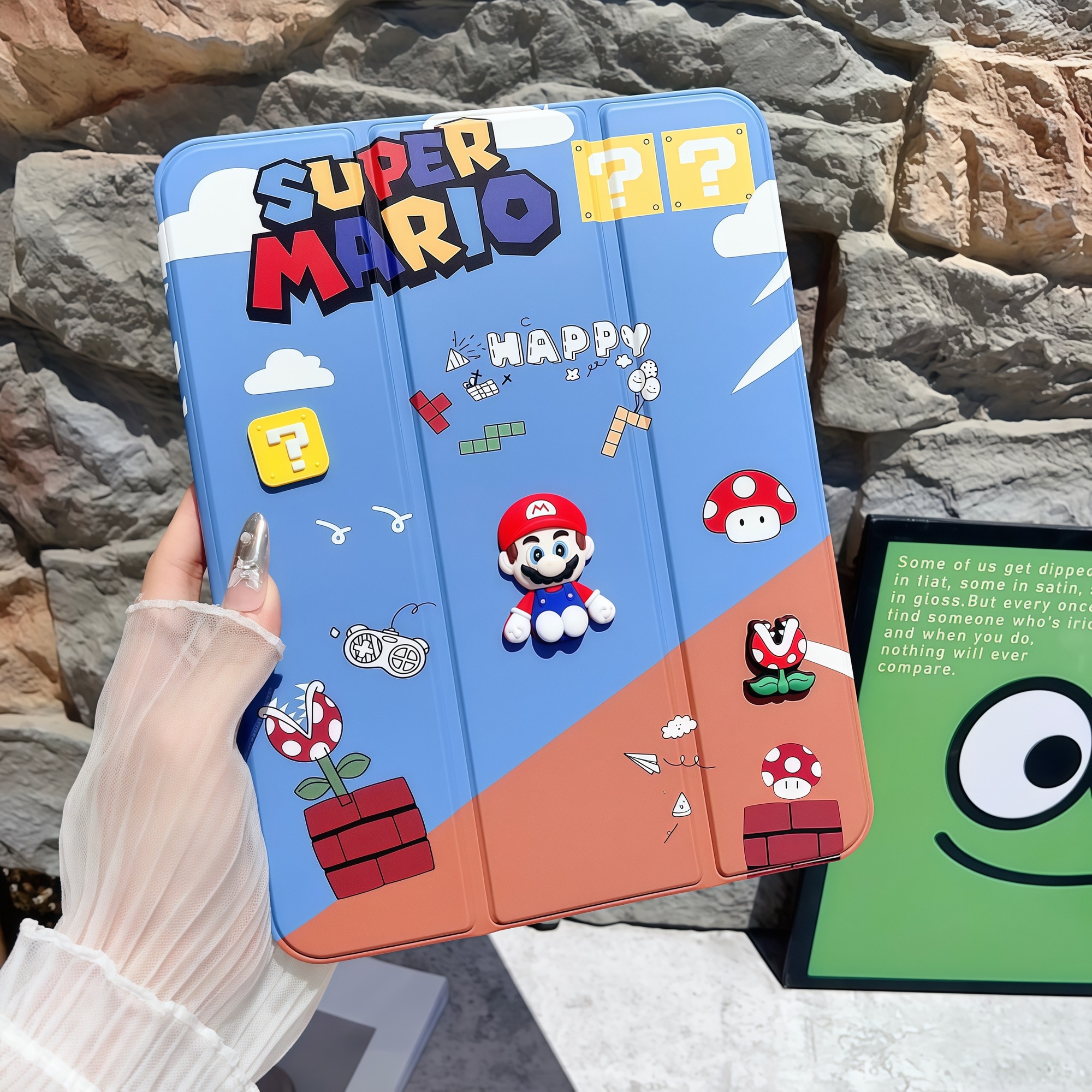 Husa Smart Cover pentru iPad 10 10.9" (2022) / iPad 11 11" (2025), Design Super Mario 3D cu Figurina in Relief, Stand Pliabil, Slot pentru Pen, Protectie Anti-soc, Albastru