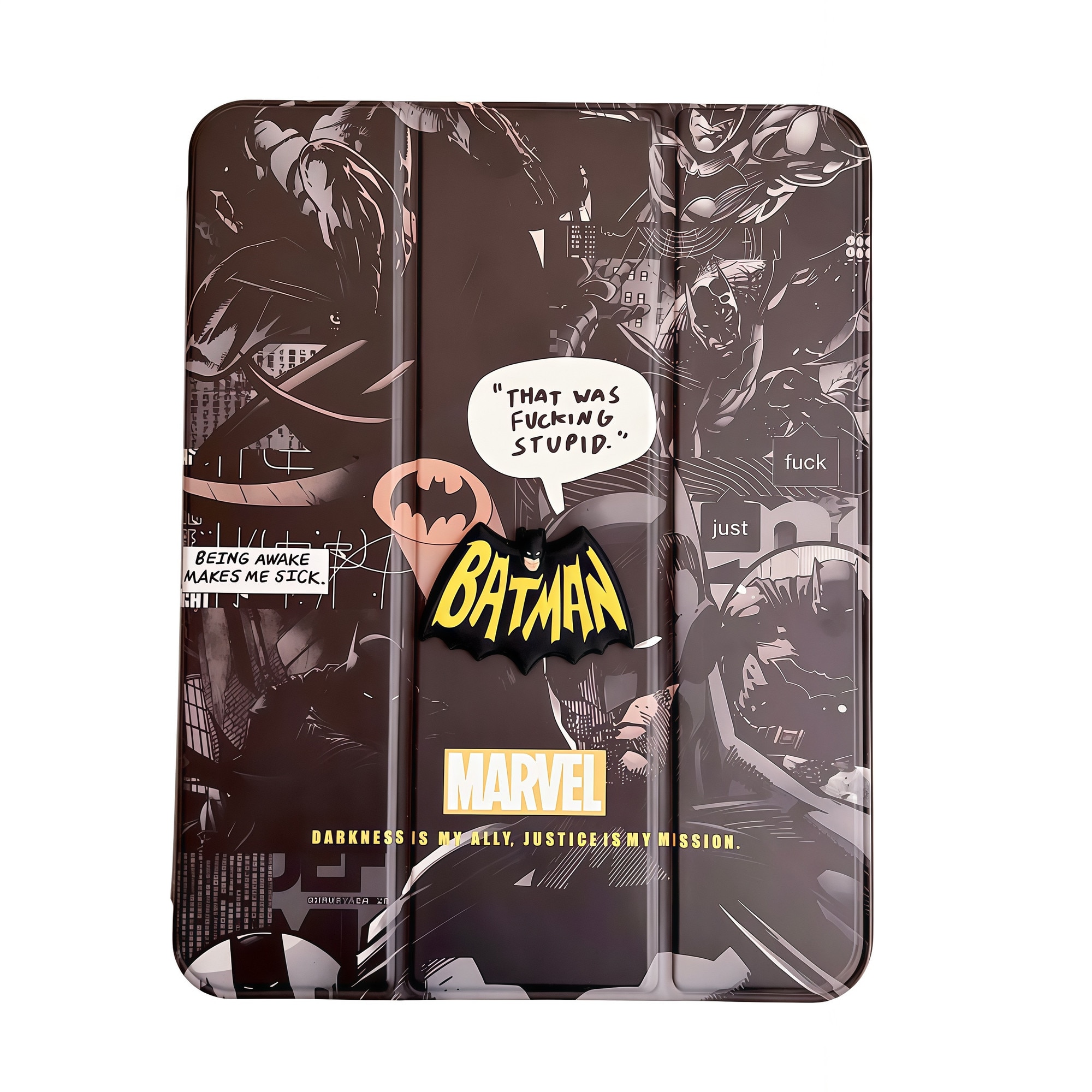Husa Smart Cover pentru iPad 10 10.9" (2022) / iPad 11 11" (2025), Design Batman 3D cu Logo in Relief, Stil Comic Book, Stand Pliabil, Slot pentru Pen, Protectie Anti-soc, Gri Inchis