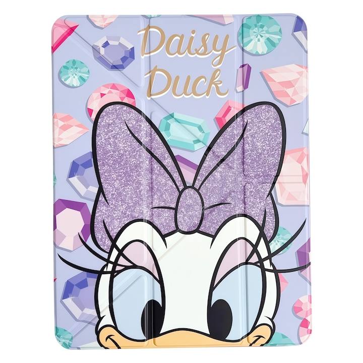 Smart Cover tok iPad 10 10.9" (2022) / iPad 11 11" (2025) készülékhez, Összecsukható Y típusú (Origami) állvány, Daisy Kacsa design, Tollnyílás, Automatikus alvás/ébresztés funkció, Ütésálló védelem, Lila