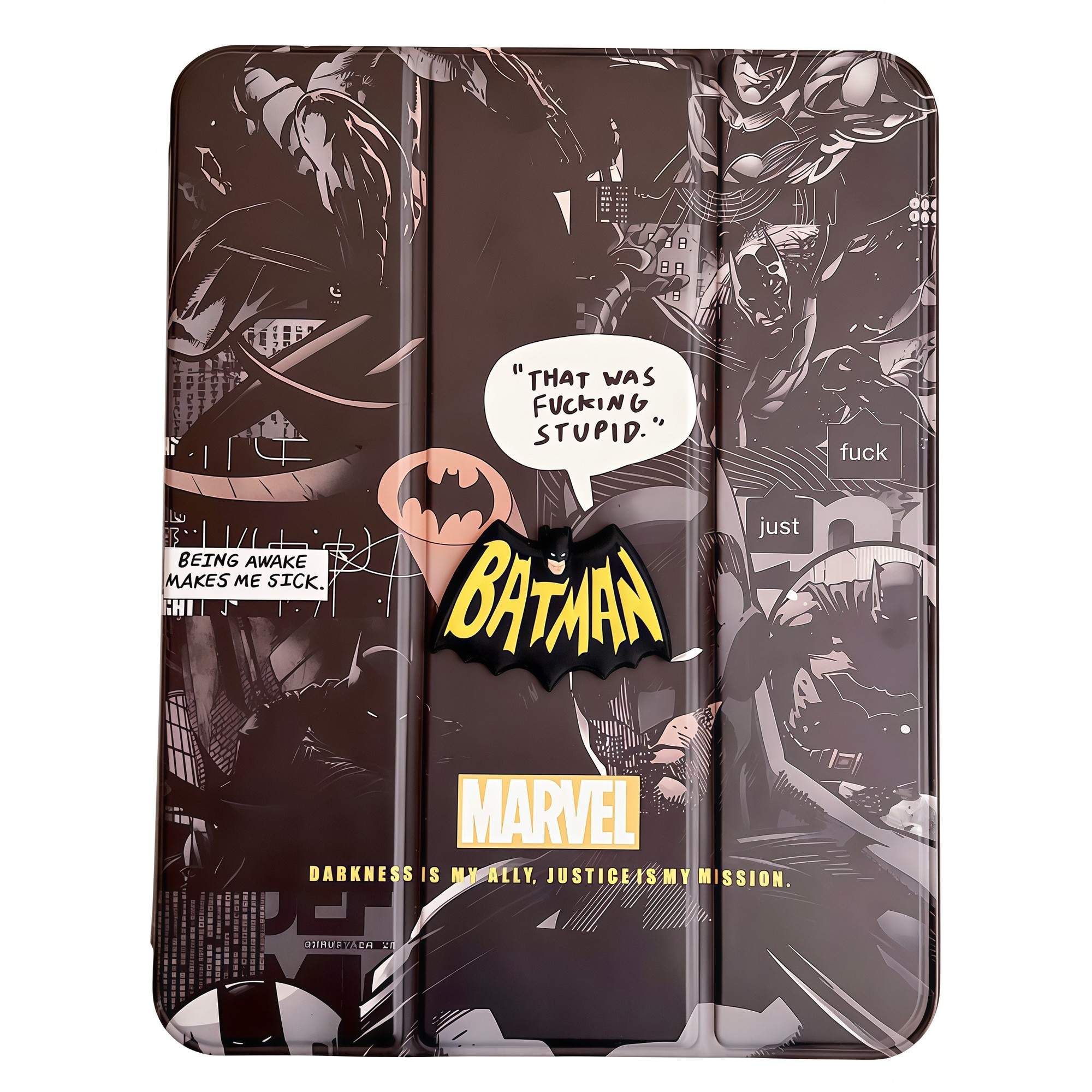 Husa Smart Cover pentru iPad Air 13" (M3 / M2) / Pro 12.9" (Gen 3-6), Design Batman 3D cu Logo in Relief, Stil Comic Book, Stand Pliabil, Slot Pen, Protectie Anti-soc, Gri Inchis