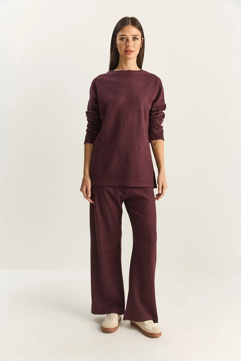 Set asortat Bianco Lucci, pulover si pantaloni, textura reiata, Mov Ametist, 95% Bumbac, S INTL