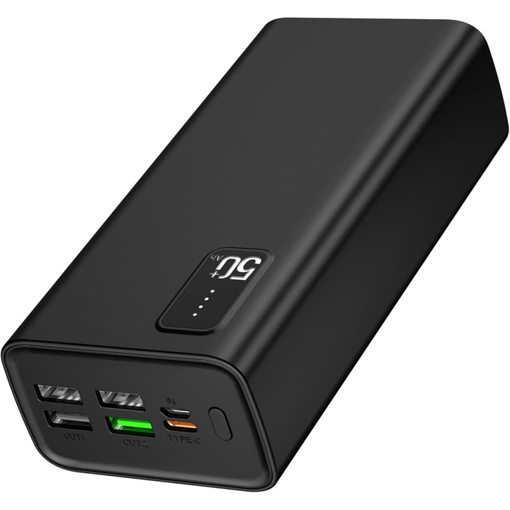 Power Bank 30000mAh, Incarcare Rapida QC 22.5W si PD 20W, Baterie Externa portabila cu 2 Intrari si 5 Iesiri, pentru Telefon, Camera, Tableta si Casti, negru, 14.3x6.9x4cm