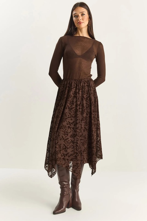 Fusta midi asimetrica Bianco Lucci, talie inalta, maro