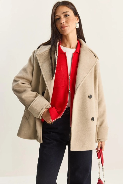Palton dama, Bianco Lucci, oversized, cu buzunare, bej natural, bumbac