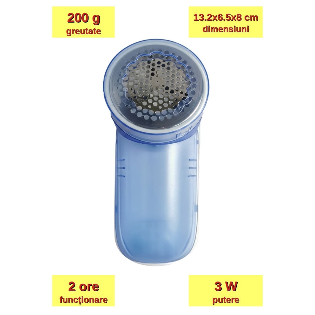 Aparat de curatat scame, 3 W putere, 200 g greutate, 2 ore functionare pe baterii
