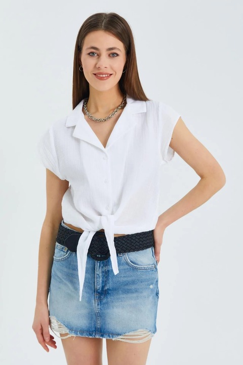 Camasa scurta Mixray, detaliu funda, alb, textil