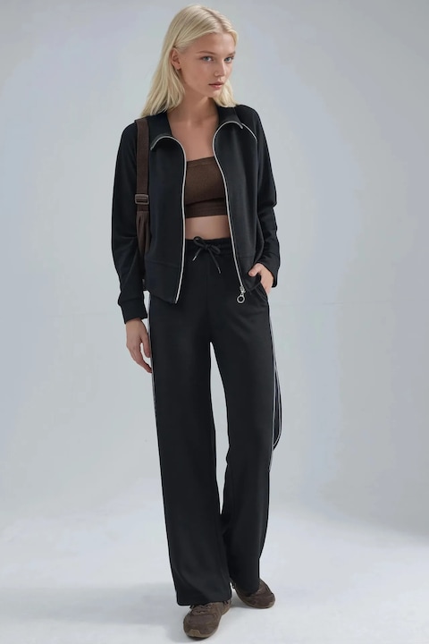 Costum dama, HiCCUP, set din doua piese, talie inalta, picioare largi, negru, tricot de grosime medie