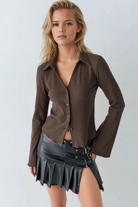 Camasa dama, HiCCUP, texturata, maneca lunga, maro mocha inchis, jerseu