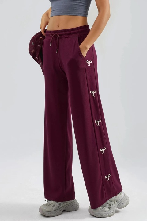 Pantaloni dama, HiCCUP, talie inalta, picior lat, rosu, tricot mediu