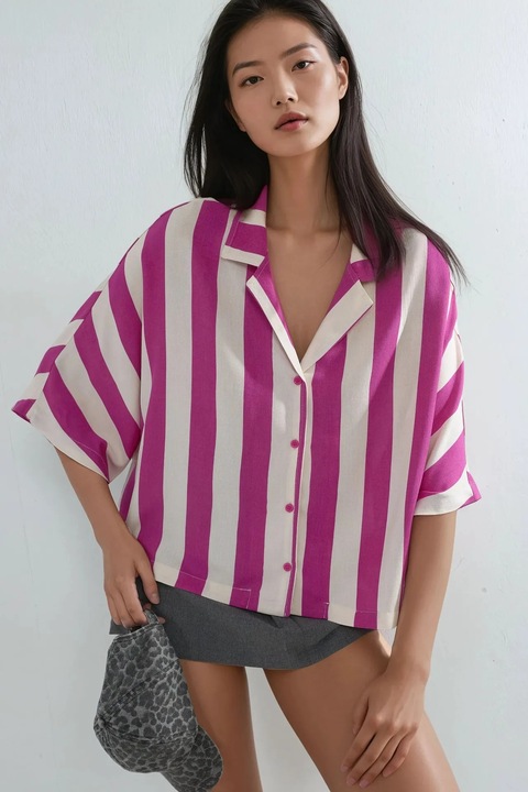 Camasa dama, Busem, cu nasturi si dungi, roz magenta/alb, textil