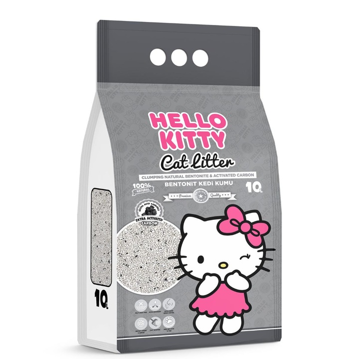 Asternut pentru pisici Hello Kitty cu bentonita si carbon activ, 10L, control al mirosurilor, bulgari rezistenti, 99, 9% fara praf