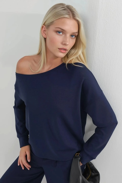 Hanorac dama Busem, guler asimetric, croiala lejera, bleumarin, textil