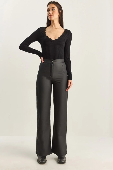 Pantaloni dama, Lucci, talie inalta, negru, imitatie de piele, Negru