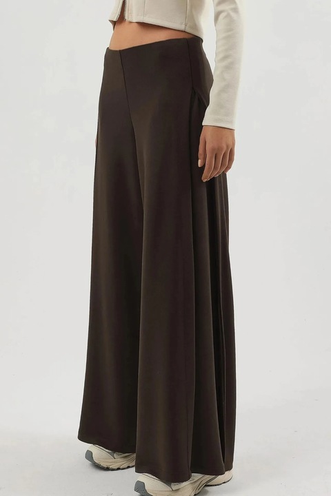 Pantaloni dama Busem, plisati, picior larg, maro cafeniu, textil, Maro deschis