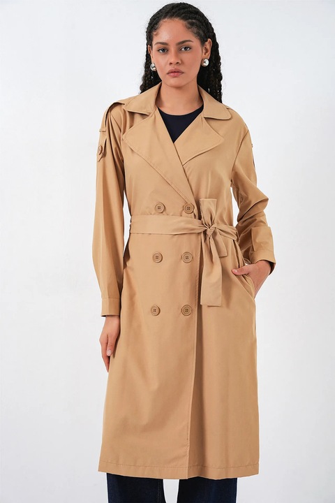 Trenci dama Big Dart, lung, bej natural, textil, doua randuri de nasturi