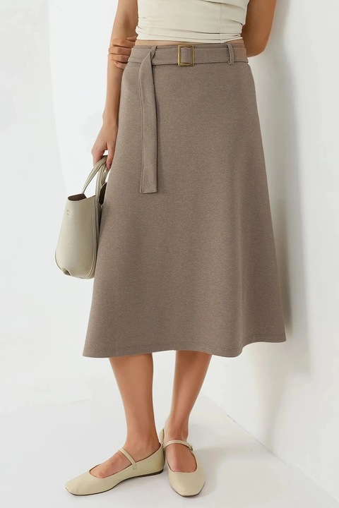 Fusta Midi Busem, talie inalta, bej