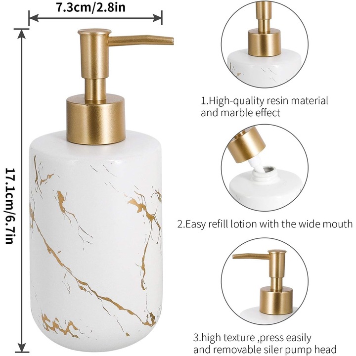 Set de 4 accesorii de baie din ceramica, alb si auriu, suport pentru sapun, pahare, farfurie pentru sapun, dimensiuni variate