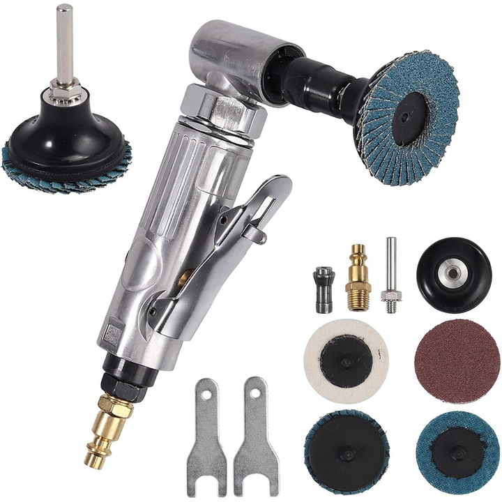 Polizor unghiular pneumatic 90°, set cu accesorii, 20.000 RPM, 6mm si 3mm, aluminiu, conectare la compresor de aer