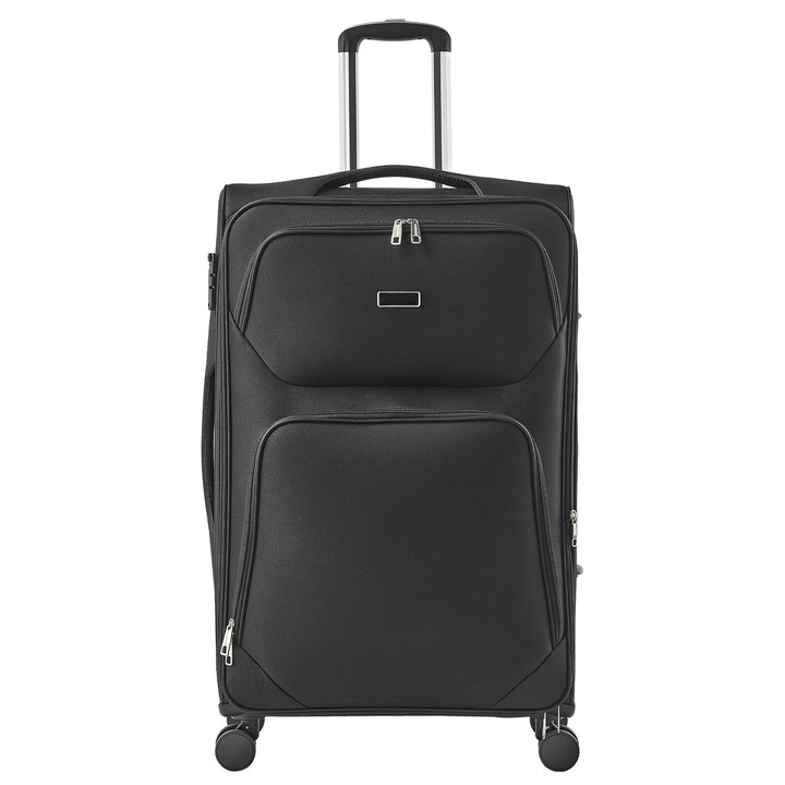 Troler textil Softside, De cala 61 cm, 4 Roti pivotante 360°, Extensibil cu fermoar, Incuietoare TSA, Usor, Negru